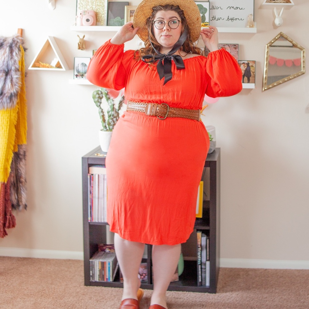A New Day Coral Off the Shoulder Midi Dress